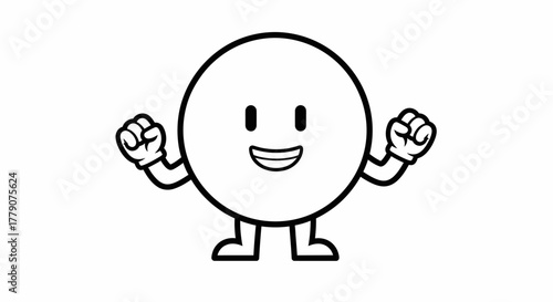 Cartoon Character Illustration: A Smiling Circle Man with Raised Fists expressing cheerful success