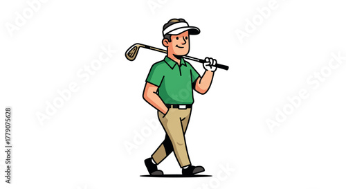 Cartoon golfer strolling with club on shoulder, cheerful and ready for a relaxing game