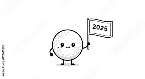 Whimsical golf ball character heralds the arrival of the golfing year 2025 on the greens