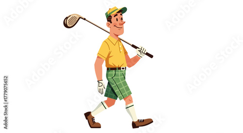 Cheerful cartoon golfer strides with club for a casual game on the course
