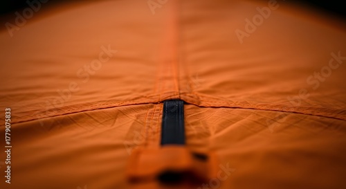 Macro View of Orange Fabric Seam with Black Zipper, Soft Bokeh Background