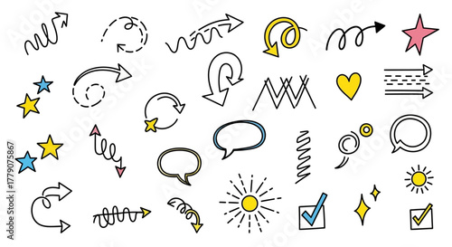 Whimsical handwritten style vector collection featuring hand drawn arrows stars and speech bubbles