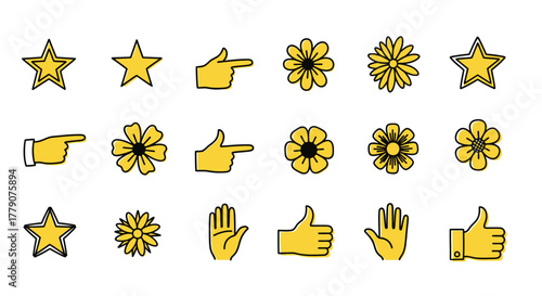 A Vibrant Array of Hand-Drawn Embellishments: Stars, Flowers, Hands for Graphic Designs