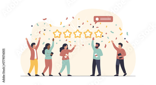 A flat vector illustration of diverse people celebrating a five-star rating with confetti, symbolizing customer satisfaction and positive feedback.