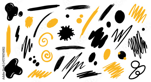 Dynamic assortment of hand-drawn design elements, combining abstract brush strokes and shapes with