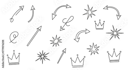 Hand-drawn doodle elements: arrows, crowns, and stars in a minimalistic style isolated on white