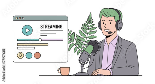 An illustration depicts a man with headphones and microphone streaming content, suggesting online broadcasting and digital communication in the modern era.