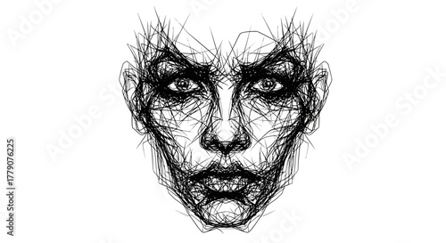 Distorted facial portrait crafted with chaotic lines and stark contrasts evoking unsettling