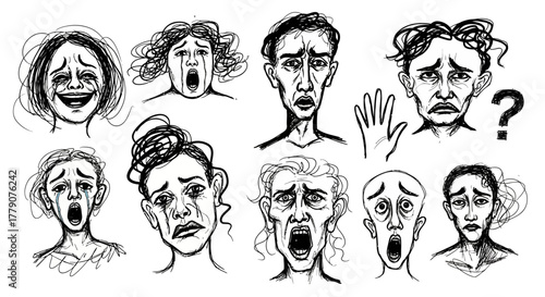 Ink sketches illustrating human emotions and expressions depicting sadness anger fear and confusion