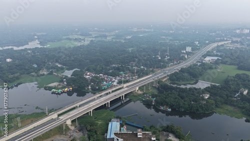 aerial view of the bridge and town 