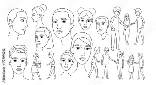 Diverse line art illustration of stylized human faces and figures interacting in simple situations