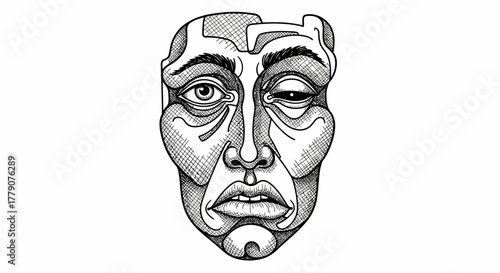 Surreal monochrome face with mismatched eyes and complex textured surface