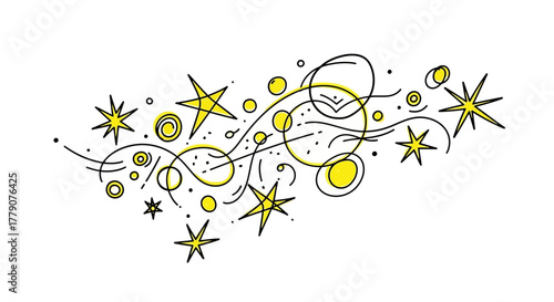Celestial whimsy: An arrangement of outlined stars, curves, and radiant orbs of yellow color