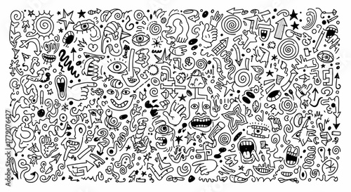 Energetic doodle chaos: an intricate and expressive hand-drawn graphic art full of vitality