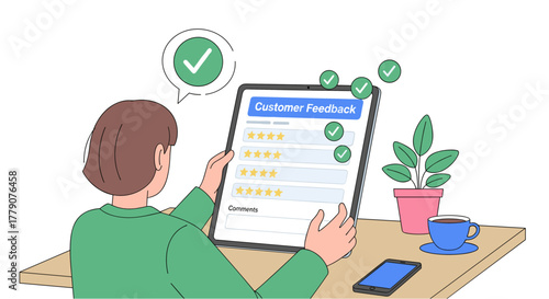 An individual provides customer feedback on a digital tablet, enhancing customer satisfaction and contributing to business growth by addressing concerns.