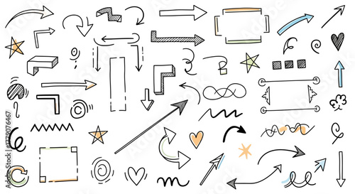 Playful hand-drawn doodle elements with arrows, stars, hearts and geometric shapes to enhance your