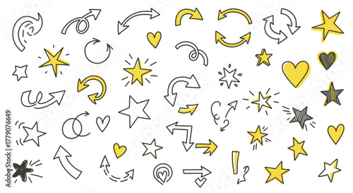 Collection of hand-drawn stars, hearts, and arrows, conveying positive movement and heartfelt