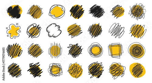 Collection of hand-drawn scribble shapes and textures featuring artistic flair and dynamic