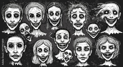 Monochrome creepy characters illustration, a collection of scary and spooky portrait sketches on a