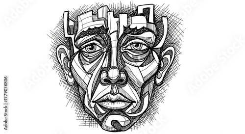 Abstract monochrome line art illustration of a human face with geometric features