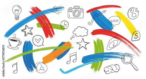 Doodle art featuring colourful brush strokes and hand-drawn icons representing ideas and creativity