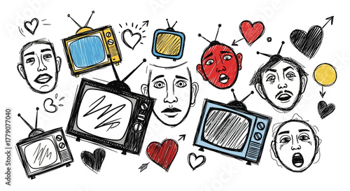 Sketchy depiction of screen time affecting human emotions and social connections using television
