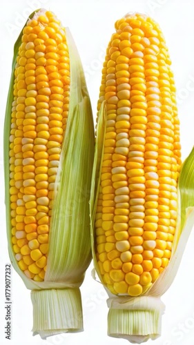 Two ears of corn on a simple white background
