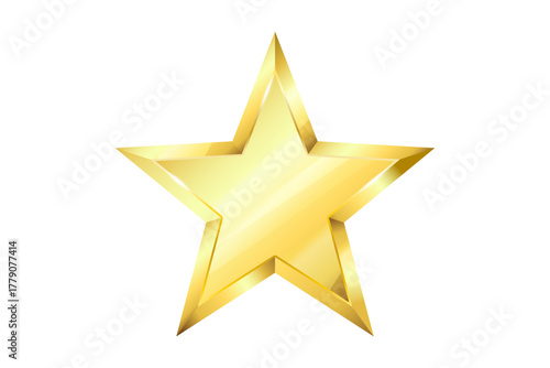 Glossy gold star with beveled metallic surface. Shiny yellow vector symbol for award, rating, achievement badge, holiday flyer, celebration icon and decorative design element