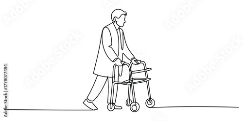 Elderly person using a medical walker for mobility assistance