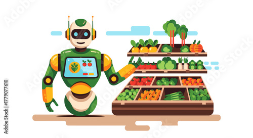 A friendly robot offers fresh produce from a well-stocked display, highlighting the integration of technology in providing healthy food options for consumers.