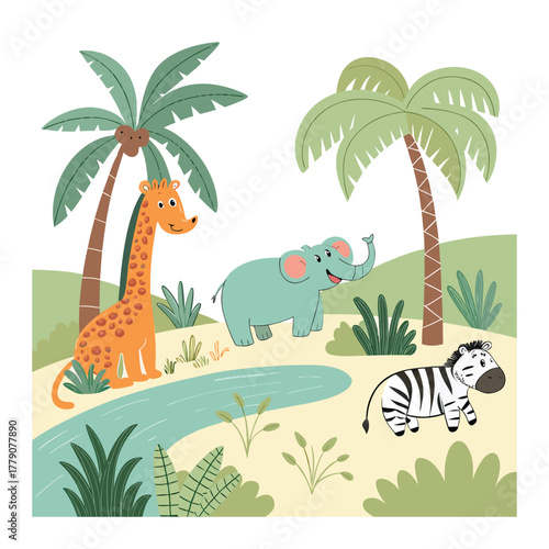 Photography Cute wild animals vector illustration set with safari jungle creatures leaves fl