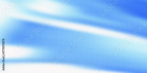 Blue halftone pattern. Retro comic gradient background. Bright pixelated dotted texture overlay. Cartoon pop art faded gradient pattern. Vector backdrop for poster, banner, advertisement