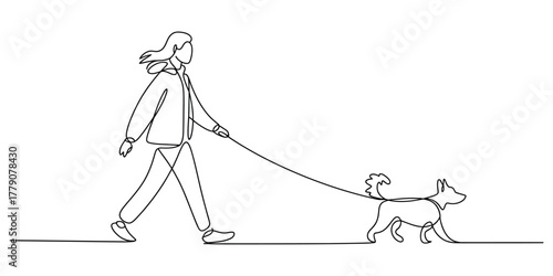 Continuous line art drawing of a woman walking her pet dog on a leash