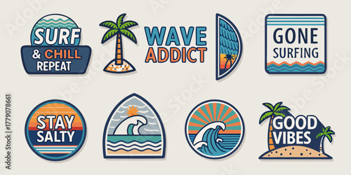 Collection of retro style surfing and beach themed graphic patches with inspirational quotes and ocean imagery