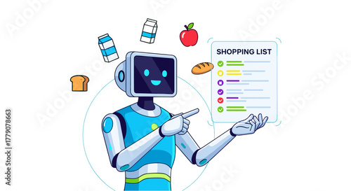 A cheerful robot assistant suggests items for a shopping list, promoting convenience and efficiency in grocery shopping with a friendly, technological touch.