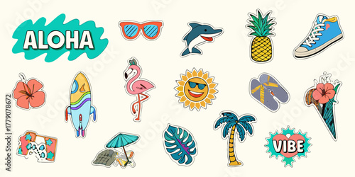 Collection of colorful and fun summer vacation themed stickers including aloha text sunglasses dolphin pineapple flamingo sun and more