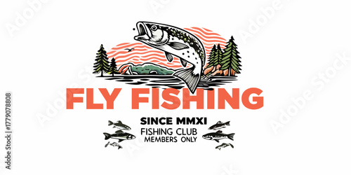 Retro fly fishing club emblem featuring a leaping trout and vintage typography
