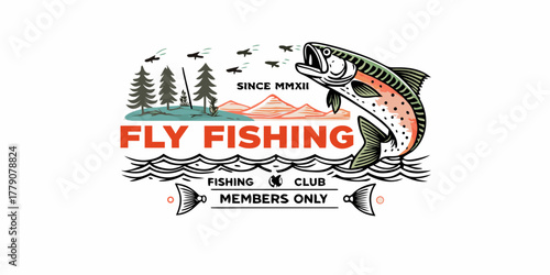 Retro fly fishing club emblem with jumping trout and mountain landscape since mmxii