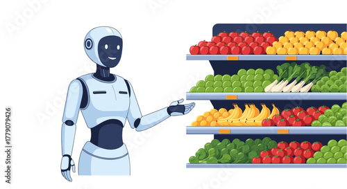 A futuristic robot selects fresh produce from a well-stocked grocery store shelf, showcasing automation in the food retail industry and advanced technology.