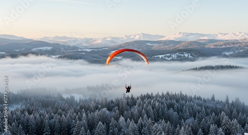Vibrant Orange Paraglider Soaring Above a Sea of Fog and Snowy Mountains at Dawn