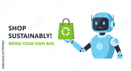 A friendly robot encourages sustainable shopping habits by promoting the use of reusable shopping bags to protect the environment and reduce waste.