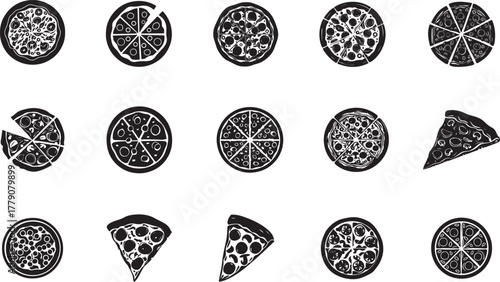 Collection of Black and White Pizza Illustrations Showcasing Various Toppings and Slices
