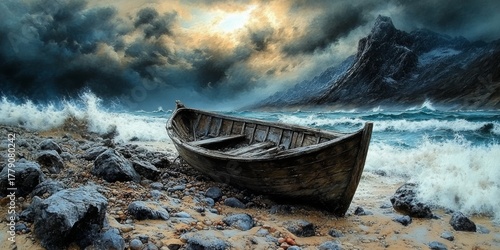 Fototapeta Naklejka Na Ścianę i Meble -  Abandoned Dilapidated Boat on Rocky Shore Under Stormy Sky, Symbolizing Resilience and Isolation