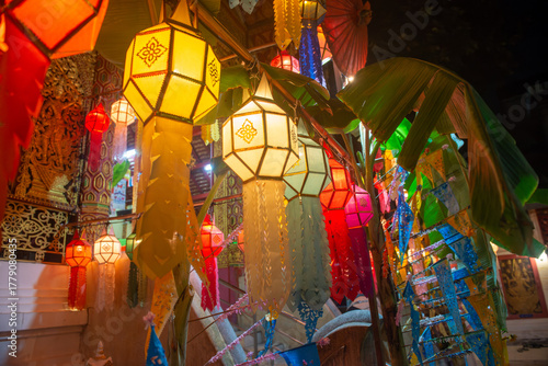 Lanterns at temple at night