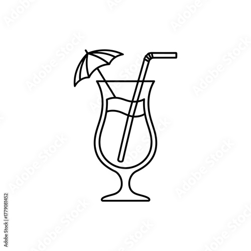 Elegant cocktail line art with umbrella and straw for summer promotions and tropical designs, evoking relaxation and happy hour vibes, originally vector graphic