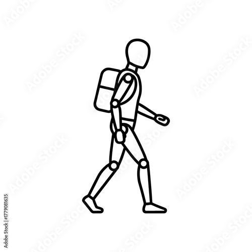Modern line art of a minimalist mannequin walking with a backpack, perfect for travel, exploring, or educational concepts in vector style