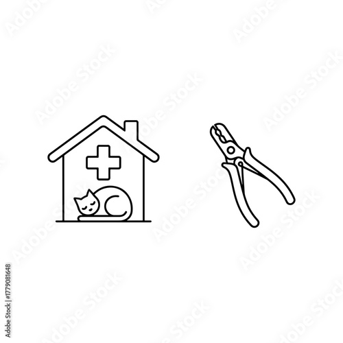 Cat grooming illustration: Happy pet at vet clinic with nail clippers. Promote animal care, health, and well-being services with this clean design
