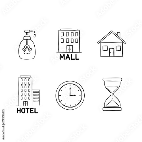 Simple outline icons for daily life essentials: pet care, shopping, home, hotel, time, and deadline management, perfect for website and app design