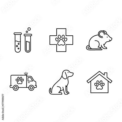 Veterinary outline icons symbolizing animal care, health, and treatment services for professional pet care and rescue organizations needing visual assets