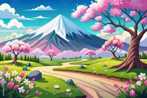 Beautiful spring landscape with snow-capped mountain peak and cherry blossom trees, scenic seasonal nature scene, peaceful countryside atmosphere, and vibrant flowery outdoor scenery.